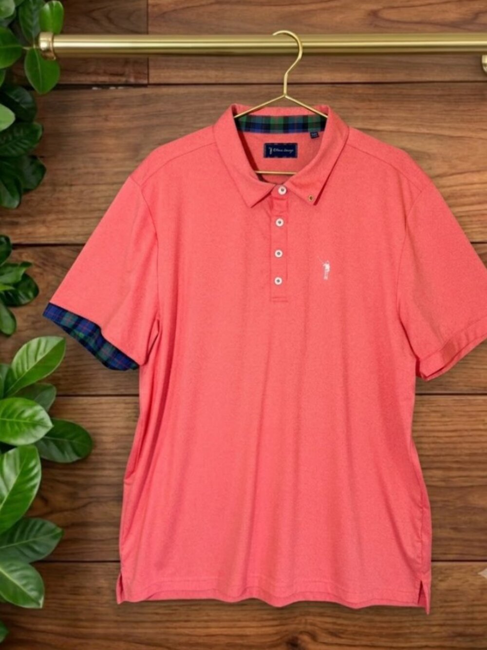 William Murray Golf Polo Shirt Mens XL Coral Salmon Pink Tartan Plaid Trim